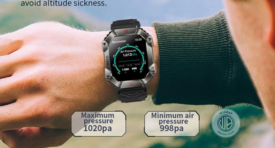 WizBay Premium Select® 2.0 inch HD TFT - Kompas, Altitude & Barometer, Meter - Bluetooth Bellen - Message - Dynamic Hartslag & Slaap Monitor - Bloeddruk & O2 - 100+ Sport Modi - 650mAh - Magnetic Laden - Zink Alloy Mat Grijze Kast - Zwart TPU Band