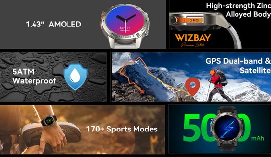 WizBay Premium Select® Smartwatch 1.43 AMOLED - Bellen - GPS - Altitude Luchtdruk Meter - Kompas -AI Voice Assist - Hart Monitor - O2 - Multi Sport Modi - Slaap - Message - Smartwatches - Zwarte Case - Zwarte TPU Band