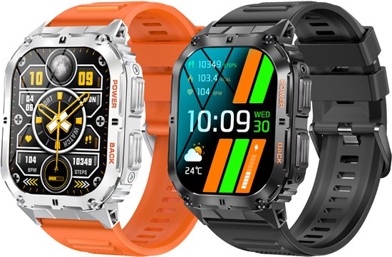 WizBay Premium Select® 1.96 inch AMOLED - Kompas - Bluetooth Bellen - Message - Dynamic Hartslag & Slaap Monitor - Bloeddruk & O2 - 100+ Sport Modi - 650mAh - Magnetic Laden - Zink Alloy Mat Zilveren Kast - Oranje TPU Band