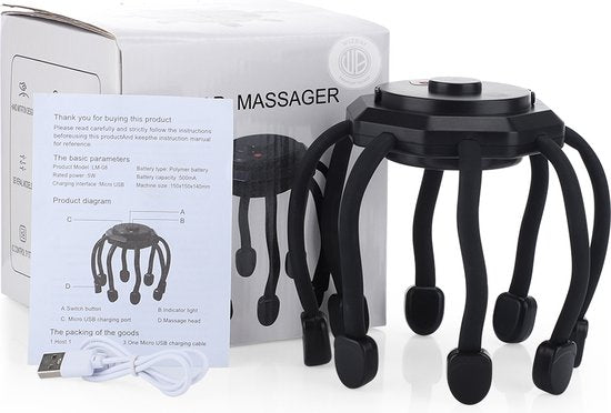 WizBay Premium Select® Multi 8 Point Hoofdmassagespin Massage - Haar Massage - 3 Standen - 360° - Ultra Licht en Compact - Bevorderd Slapen - Verminderd Vermoeidheid en Stress - Zwart