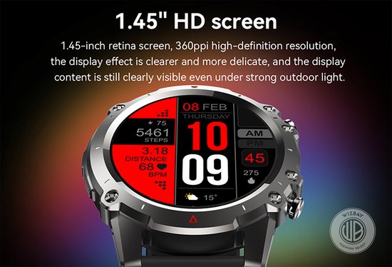 WizBay Premium Select® 1.45inch Sport Smartwatch Dames Heren TFT - Bellen - Magnetic Laden - Slaap Hart Monitor - O2 Bloeddrukmeter - Sport Modi - Message - Alu Mat Zilver Case - Smartwatches - Leger Groen TPU Band - Extra Zwarte TPU Band