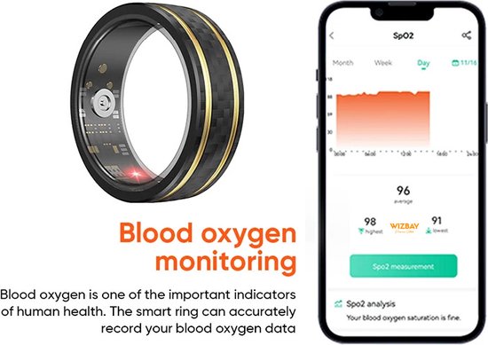 WizBay Premium Select® Aluminium Bi-Color Carbon Fiber Goud Smart Ring – Dames Heren – Oplaad Case - Hypoallergeen - Hartslag & Slaap Monitor - IP68 Waterdicht - O2 Meting - Gesture Functie - Multiple Sport Modi - Bi-Color Goud Zwart #10
