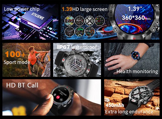 WizBay Premium Select® 1.39inch Sport Smartwatch Dames Heren TFT - Bluetooth Call - Magnetic Laden - Slaap Hart Monitor - O2 en Bloeddrukmeter - 100+ Sport Modi - Message - Alu Mat Zwarte Case - Smartwatches - Zwarte TPU Band