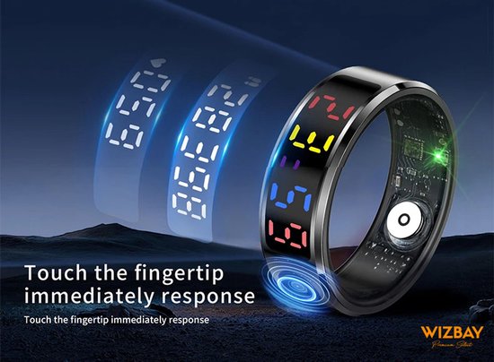 WizBay Premium Select® Smart Ring Color LED Zwart - Maat 12 - Hartslag Slaap Zuurstof - Gesture - Multi Sport Modi
