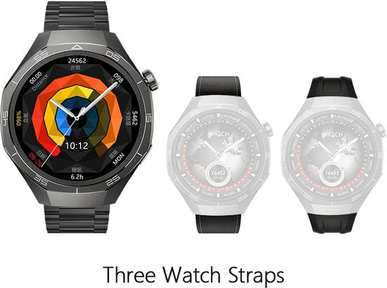 WizBay Premium Select® 1.53 inch TFT Smartwatch Dames Heren - Sapphire Glas - Android en iOS - Bluetooth Call - 02 Zuurstof - Bloedruk - Message - AI Voice - Multiple Sport Modi - Obsidiaan Zwarte Case 2 extra Banden Zwart Leer en Siliconen