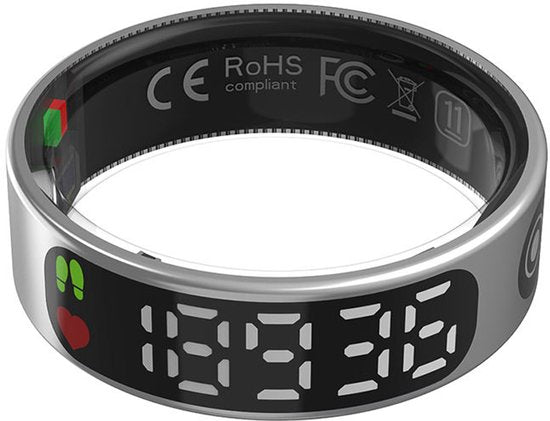 WizBay Premium Select® Smart Ring LED Dark Grey Zilver - Maat 8 - Hartslag Slaap Zuurstof - Gesture - Multi Sport Modi