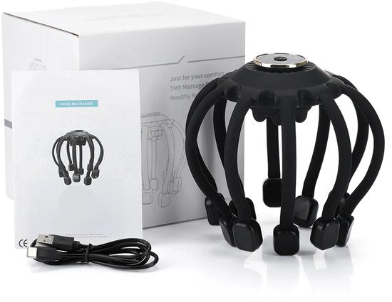 WizBay Premium Select® Hoofdmassage Apparaat – Elektrische Hoofdmassager met 10 Siliconen Massagekoppen – Bluetooth – Draadloos – Zwart