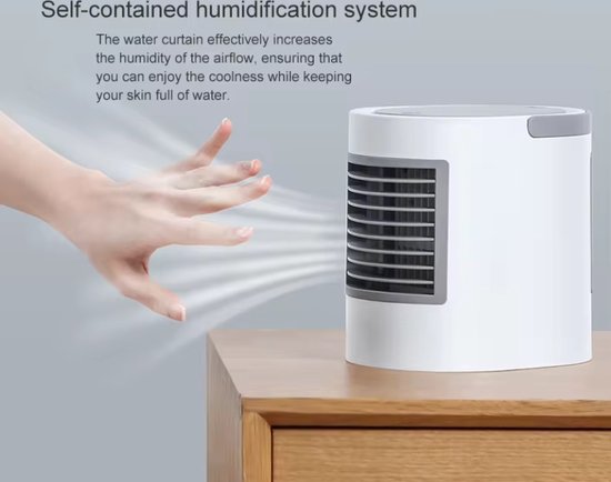 WizBay Premium Select® 3in1 Draagbare Desktop Water Aircooler - Mini Airco - LED Licht - 380 ml Watertank - Luchtbevochtiger - Met draagbaar Handvat - Luchtkoeler - Mini Ventilator - Slaapkamer Woonkamer Camping Vakantie - Kleur Wit Grijs