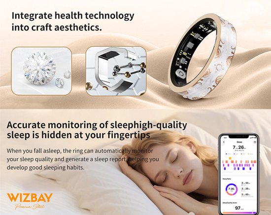 WizBay Premium Select® Bohemian Smart Ring - Champagne Yellow - Hartslag, Slaap en Zuurstofmeting - Activiteitstracker - Maat 10