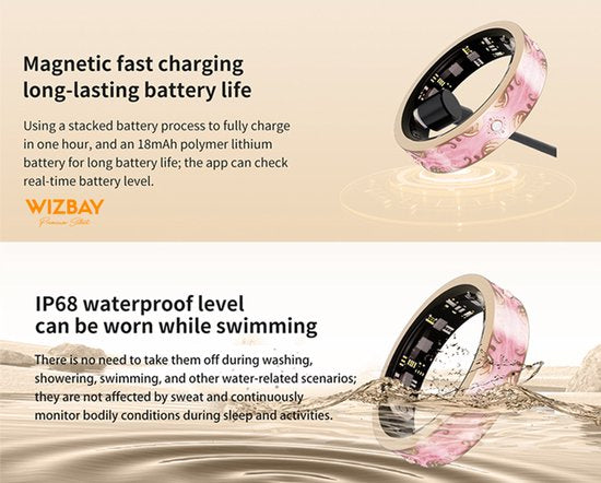WizBay Premium Select® Bohemian Smart Ring - Champagne Yellow - Hartslag, Slaap en Zuurstofmeting - Activiteitstracker - Maat 10