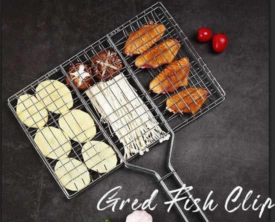 WizBay Premium Select® Barbecue rooster Grill Klem - Vis - Vlees - Groente - Visgrill - BBQ Rooster - Chroom en Hout Extra Groot 34.5x58cm