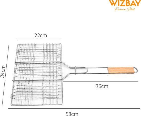WizBay Premium Select® Barbecue rooster Grill Klem - Vis - Vlees - Groente - Visgrill - BBQ Rooster - Chroom en Hout Extra Groot 34.5x58cm