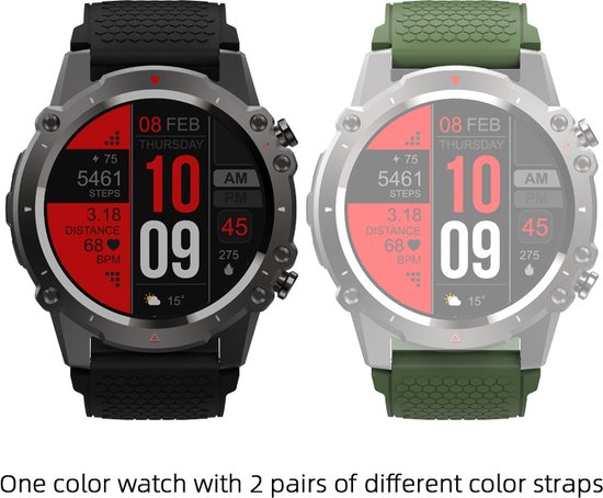 WizBay Premium Select® 1.45inch Sport Smartwatch Dames Heren TFT - Bellen - Magnetic Laden - Slaap Hart Monitor - O2 Bloeddrukmeter - Sport Modi - Message - Alu Mat Zilver Case - Smartwatches - Leger Groen TPU Band - Extra Zwarte TPU Band