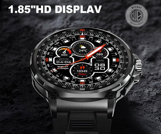 WizBay Premium Select® Sport Smartwatch 1.85 inch - Bluetooth Bellen - Hartslag en Zuurstofmeting - Slaapmonitor - 100+ Sportmodi - IP67 - Zilverkleurige Kast - Grijze TPU Band