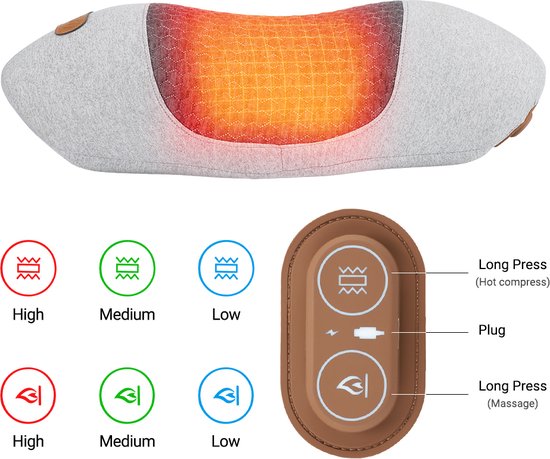 WizBay Premium Select® Nekmassagekussen - Shiatsu Nekkussen met Warmte en Vibratie - Ergonomisch - 3 Standen - Lichtgrijs