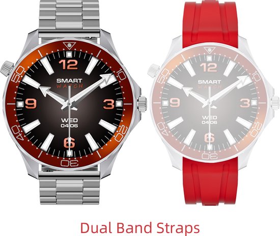 WizBay Premium Select® 1.53 inch HD TFT - Bluetooth Bellen - Message - Dynamic Hartslag & Slaap Monitor - Bloeddruk & Bloedzuurstofmeting - 100+ Sport Modi - 400mAh - Wireless Laden - Zilveren Case - RVS Zilver Band met Extra Oranje TPU Band