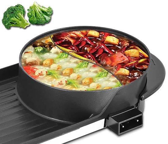 WizBay Premium Select® 3 in 1 Dual Aziatische Shabu HotPot - Funcooking - 2 Bouillon Gedeelten - Grill - Gourmetten - Fondue - 6 tot 8 personen - 2000W - Anti Aanbak Laag - 72cm Lang