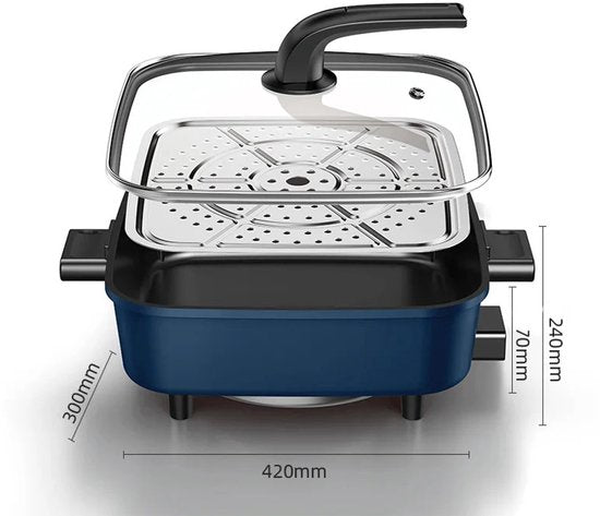 WizBay Premium Select® 3in1 Koreaanse Elektrische Grill 6L – Hotpot – Stoompan – Inclusief Aluminium Stoomplaat – Funcooking - Gourmetten - 4 tot 6 Personen – Anti Aanbak Laag – 1500W – Temperatuurregeling – Blauw