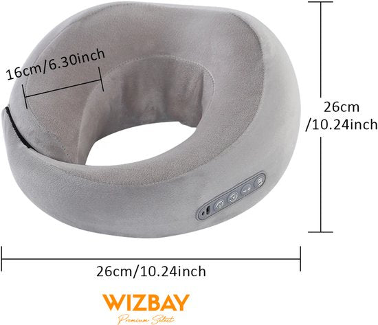WizBay Premium Select® 2-in-1 Infrarood Nek- en Schoudermassagekussen – U-vormig Massagekussen – 42°C Warmtecompress – 2 Massage Modi – 3 Sterktes – Memory Foam – Draadloos Oplaadbaar – Grijs