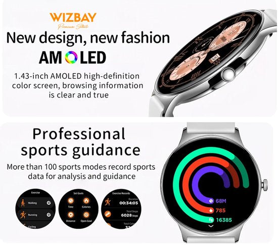 WizBay Premium Select® Ultra Dun 1.42inch AMOLED Elegante Smartwatch Dames Heren AMOLED - Android en iOS - Bluetooth Call - 02 Zuurstof - Dynamic Hartslag & Slaap Monitor - Message - Magnetic Laden - Smartwatches - Zwart Glanzende Kast - Zwarte Band