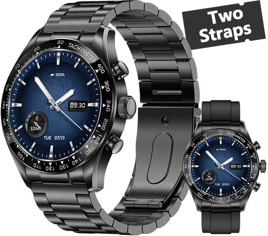 WizBay Premium Select® 1.32-inch AMOLED Smartwatch Dames/Heren – 178 Sportmodi – AI Voice – Bellen – Hartslag en Slaap – O2 – app GloryFitPro – Dual BT5.3 – 350mAh – Inclusief RVS en Siliconen Band Zwart