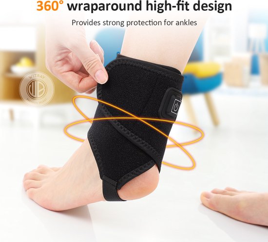 WizBay Premium Select® Enkel Brace Warmte Massage - Enkelbrace - 3 Warmtestanden 45° 50° 55° - Universele Fit - 360° Wrap Design - Zwart