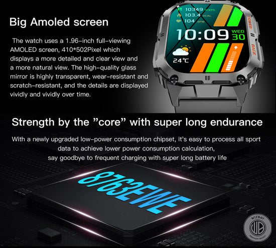 WizBay Premium Select® 1.96 inch AMOLED - Kompas - Bluetooth Bellen - Message - Dynamic Hartslag & Slaap Monitor - Bloeddruk & O2 - 100+ Sport Modi - 650mAh - Magnetic Laden - Zink Alloy Mat Zilveren Kast - Oranje TPU Band