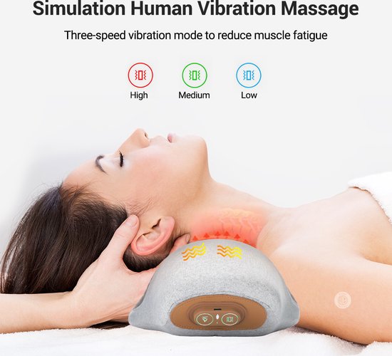 WizBay Premium Select® Nekmassagekussen - Shiatsu Nekkussen met Warmte en Vibratie - Ergonomisch - 3 Standen - Lichtgrijs