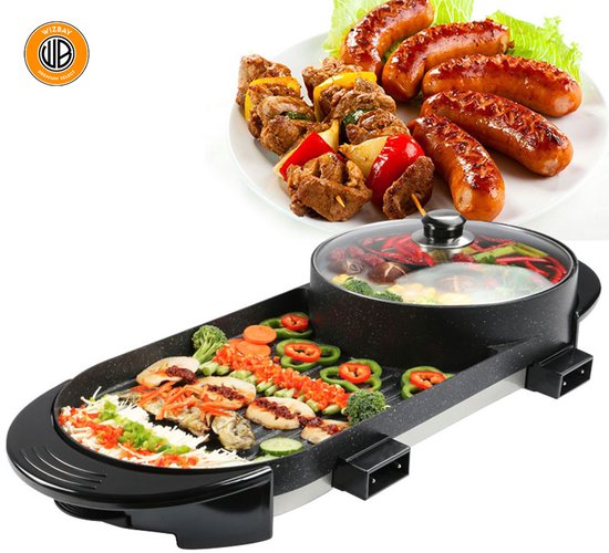 WizBay Premium Select® 3 in 1 Dual Aziatische Shabu HotPot - Funcooking - 2 Bouillon Gedeelten - Grill - Gourmetten - Fondue - 6 tot 8 personen - 2000W - Anti Aanbak Laag - 72cm Lang