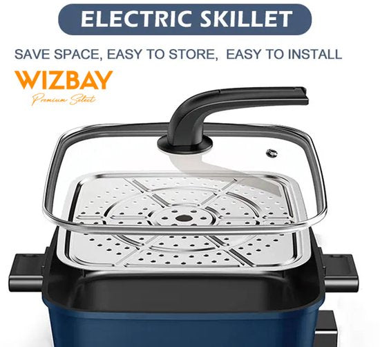 WizBay Premium Select® 3in1 Koreaanse Elektrische Grill 6L – Hotpot – Stoompan – Inclusief Aluminium Stoomplaat – Funcooking - Gourmetten - 4 tot 6 Personen – Anti Aanbak Laag – 1500W – Temperatuurregeling – Blauw