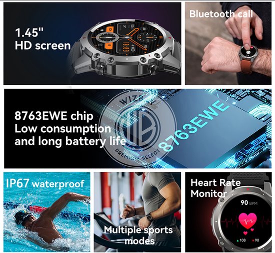 WizBay Premium Select® 1.45inch Sport Smartwatch Dames Heren TFT - Bellen - Magnetic Laden - Slaap Hart Monitor - O2 Bloeddrukmeter - Sport Modi - Message - Alu Mat Zilver Case - Smartwatches - Leger Groen TPU Band - Extra Zwarte TPU Band