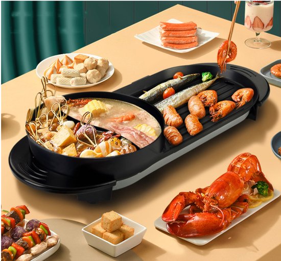 WizBay Premium Select® 3 in 1 Dual Aziatische Shabu HotPot - Funcooking - 2 Bouillon Gedeelten - Grill - Gourmetten - Fondue - 6 tot 8 personen - 2000W - Anti Aanbak Laag - 72cm Lang