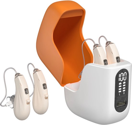 WizBay Premium Select® 2x DSP 16-Kanaals Digitaal Gehoorapparaat AHO – Ruisonderdrukking – Oplaadbaar met LED Oplaadcase – Eenvoudige Bediening - Gehoorversterker - Voor Licht tot Matig Gehoorverlies - Beige