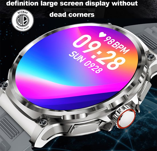 WizBay Premium Select® Sport Smartwatch 1.85 inch - Bluetooth Bellen - Hartslag en Zuurstofmeting - Slaapmonitor - 100+ Sportmodi - IP67 - Zilverkleurige Kast - Grijze TPU Band