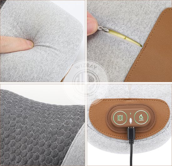 WizBay Premium Select® Nekmassagekussen - Shiatsu Nekkussen met Warmte en Vibratie - Ergonomisch - 3 Standen - Lichtgrijs
