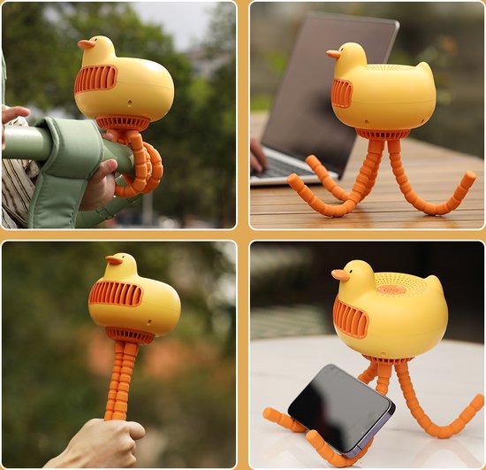WizBay Premium Select® Kids Duck Shake Head 130º Draaibare Mini Fan - Hand Ventilator - High Volume Air 3 Standen - Octopus Voet - Universeel Inzetbaar - USB Oplaadbaar - Kleur Geel
