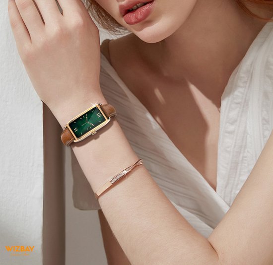 WizBay Premium Select® 1.13 Inch AMOLED Smartwatch Zwart met Donker Bruin Leren Band – Hartslag, Bloeddruk SpO₂ Monitoring – Fitness Tracker – Elegant Vierkant Design – Android iOS