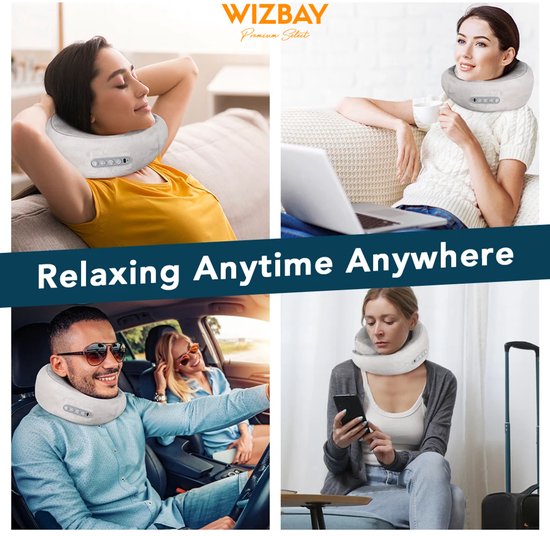 WizBay Premium Select® 2-in-1 Infrarood Nek- en Schoudermassagekussen – U-vormig Massagekussen – 42°C Warmtecompress – 2 Massage Modi – 3 Sterktes – Memory Foam – Draadloos Oplaadbaar – Grijs