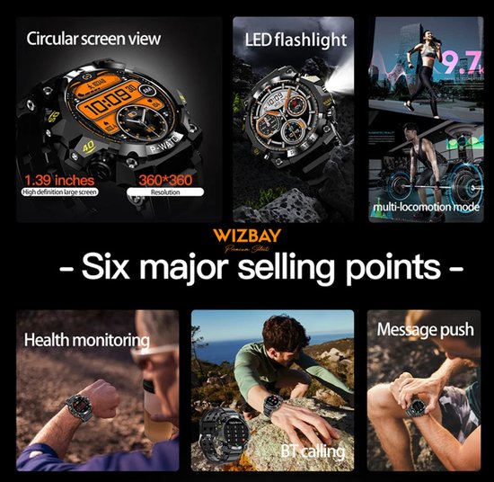 WizBay Premium Select® 1.39Inch Smartwatch Dames Heren - LED Flashlight - Android en iOS - Bluetooth Call - 02 Zuurstof - Bloedruk - Dynamic Hartslag & Slaap Monitor - Message - Magnetic Laden - Smartwatches - Zwart met Aubergine Siliconen Band