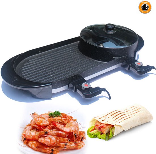 WizBay Premium Select® 3 in 1 Dual Aziatische Shabu HotPot - Funcooking - 2 Bouillon Gedeelten - Grill - Gourmetten - Fondue - 6 tot 8 personen - 2000W - Anti Aanbak Laag - 72cm Lang