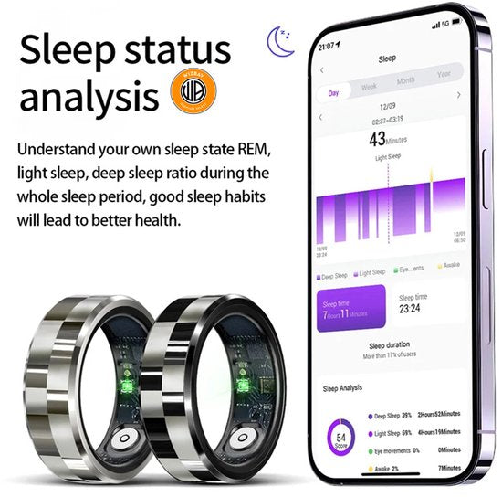 WizBay Premium Select® Smart Ring Zilver - Hartslag, Slaap, Bloeddruk, Zuurstof - Multi Sport Modi - Oplaadcase - Maat 8