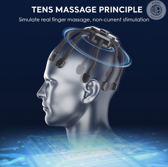 WizBay Premium Select® Multi 8 Point Hoofdmassagespin Massage - Haar Massage - 3 Standen - 360° - Ultra Licht en Compact - Bevorderd Slapen - Verminderd Vermoeidheid en Stress - Zwart