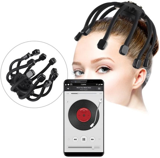WizBay Premium Select® Hoofdmassage Apparaat – Elektrische Hoofdmassager met 10 Siliconen Massagekoppen – Bluetooth – Draadloos – Zwart