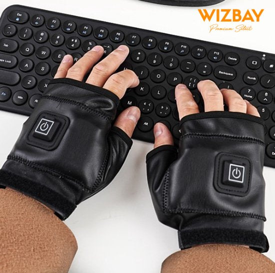 WizBay Premium Select® Elektrische Vingerloze Handschoenen – Winter Sport & Outdoor – 3 Warmtestanden (45-55°C) – 2000mAh Oplaadbare Batterij – PU Leren Thermo Handschoenen – Small