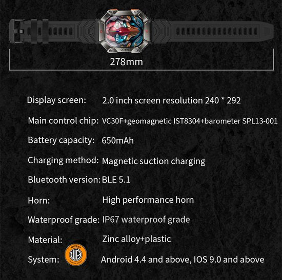 WizBay Premium Select® 2.0 inch HD TFT - Kompas, Altitude & Barometer, Meter - Bluetooth Bellen - Message - Dynamic Hartslag & Slaap Monitor - Bloeddruk & O2 - 100+ Sport Modi - 650mAh - Magnetic Laden - Zink Alloy Mat Grijze Kast - Zwart TPU Band