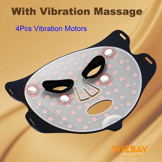WizBay Premium Select® Infrared LED Light Therapy Mask – 220 LED Lampjes Actief – 450nm Blauw Licht, 660nm Rood Licht & 850nm Infrarood – Vibratiemassage – USB-C Oplaadbaar – Siliconen Gezichtsmasker