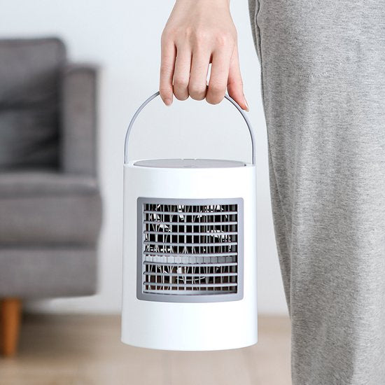 WizBay Premium Select® 3in1 Draagbare Desktop Water Aircooler - Mini Airco - LED Licht - 380 ml Watertank - Luchtbevochtiger - Met draagbaar Handvat - Luchtkoeler - Mini Ventilator - Slaapkamer Woonkamer Camping Vakantie - Kleur Wit Grijs