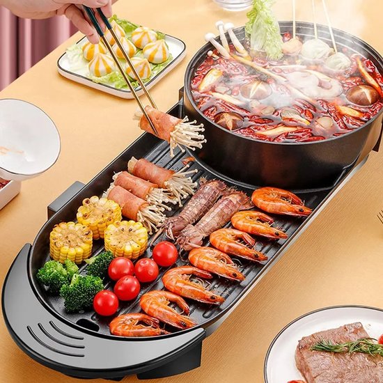 WizBay Premium Select® 3 in 1 Dual Aziatische Shabu HotPot - Funcooking - 2 Bouillon Gedeelten - Grill - Gourmetten - Fondue - 6 tot 8 personen - 2000W - Anti Aanbak Laag - 72cm Lang