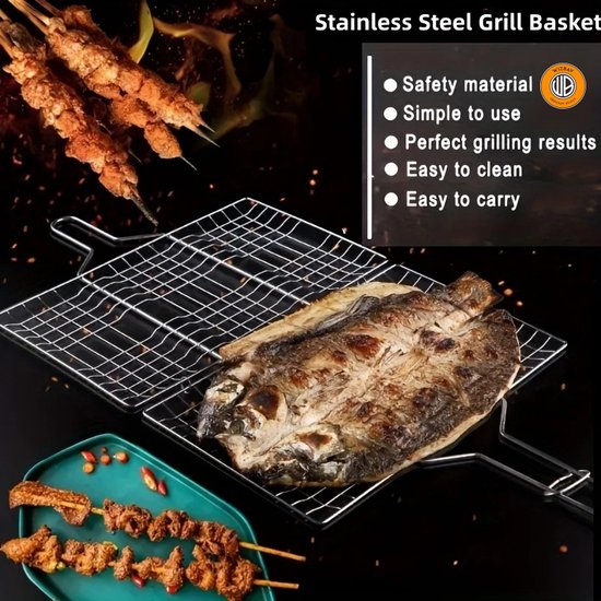 WizBay Premium Select® Barbecue rooster Grill Klem - Vis - Vlees - Groente - Visgrill - BBQ Rooster - Chroom en Hout Extra Groot 34.5x58cm