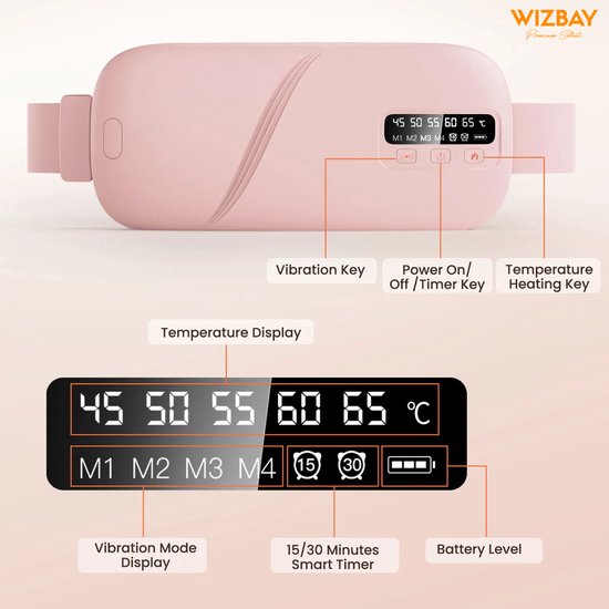 WizBay Premium Select® Menstruatie Warmteband – Elektrische Buik Warmteband met Massage – 5 Warmtestanden – Oplaadbaar – Draadloos – Roze